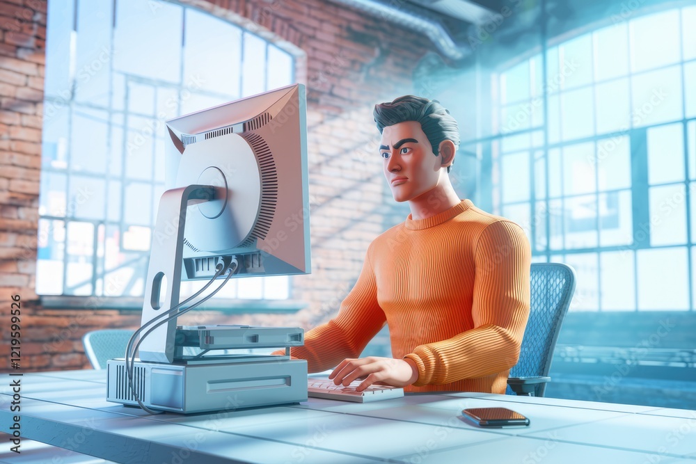Poster a stylized 3d man works on a computer in a modern office, showcasing digital workspace aesthetics.
