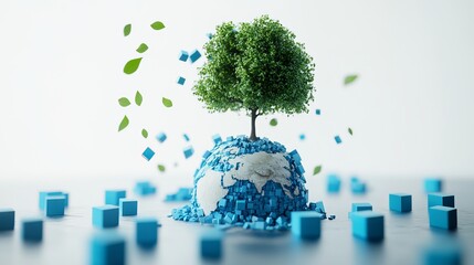Green Tree Growing on Digital Earth Globe Blue Cubes Nature Technology Environmental Sustainability Concept Digital Art Illustration 3d eco life data world     