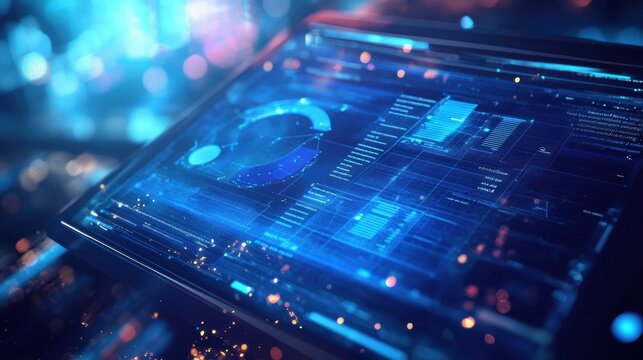 The glossy screen of a tablet showcases a detailed report highlighting the environmental benefits of local manufacturing with pie charts and graphs emphasizing reduced environmental