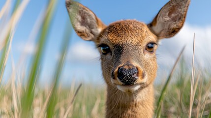 Fototapeta premium a close up of a roe deer in a field of tall grass, with a blurred background