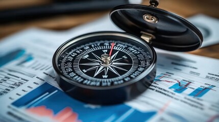 Compass on financial reports, guiding business strategy, office desk