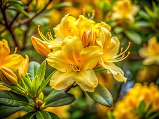 Fototapeta premium Vibrant Yellow Rhododendron Blooms: Close-Up of a Flowering Bush with Copy Space
