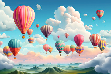 Obraz premium A flight of a large number of hot air balloons aerostats over the mountains, illustration of hot air balloons.