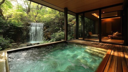A serene indoor hot spring bath with calm water,