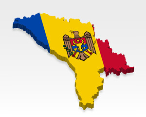 3D  Moldova map with flag. Three dimensional map of Moldova with shadow. Flag Republic of Moldova on white background for your design, app, UI.  Stock vector. EPS10.