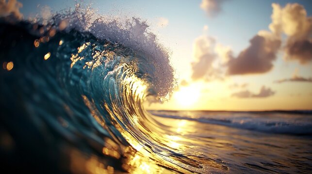  a large wave breaking in the ocean at sunset, with the sky in the background filled with clouds The resolution of the image is 1920x1080