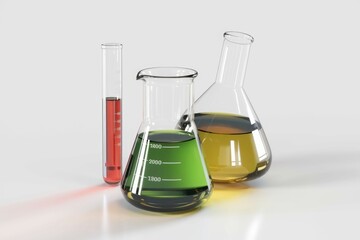 Laboratory glassware with colored liquids; a test tube, Erlenmeyer flasks filled with green and yellow solutions.