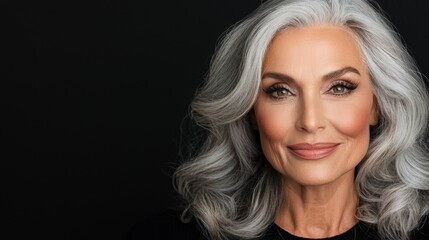 Naklejka premium a woman with grey hair and a black top, smiling brightly against a dark background