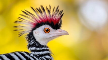 Fototapeta premium a close up of a bird with a red mohawk on its head, which is black, white and red in color The background is blurred, giving the bird a clear focus