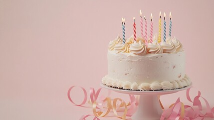 pastel-themed birthday flat lay featuring a cake with candles, ribbons, and streamers on a light pink background with room for text