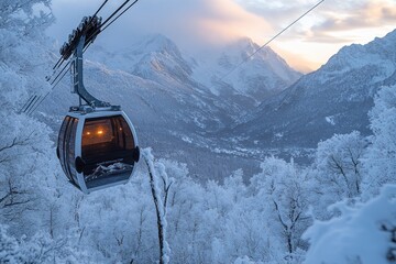 Obraz premium Snow-covered mountains, cable car, winter sunrise.