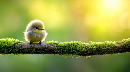 Fototapeta premium a small yellow bird perched atop a moss-covered tree branch, with a blurred background