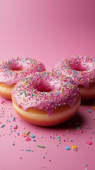 Freshly baked pink frosted donuts with colorful sprinkles displayed on a cooling rack in a cozy bakery