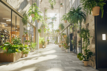 Fototapeta premium Bright indoor greenhouse corridor with abundant plants and natural light filtering through