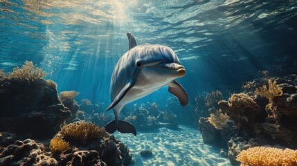 Fototapeta premium Dolphin swimming in sunlit coral reef.