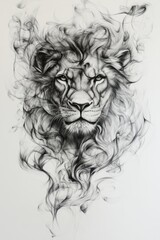 Obraz premium a black and white drawing of a lion's head with smoke coming out of it, set against a white background