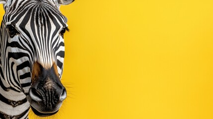  a zebra standing in front of a bright yellow background, its black and white stripes standing out against the vibrant hue