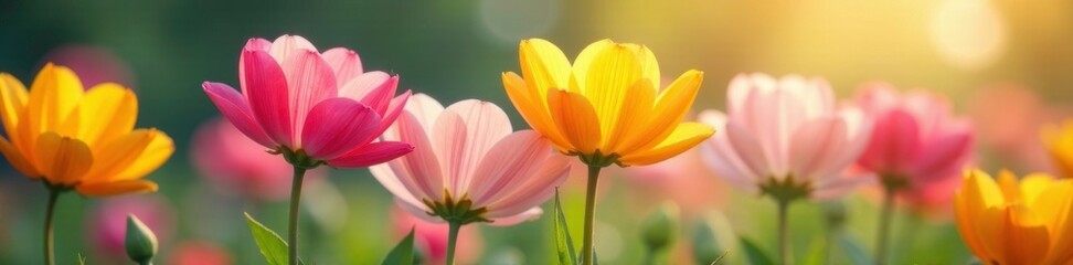 Fototapeta premium Colorful flowers unfolding petals softly in breeze, flowers, spring