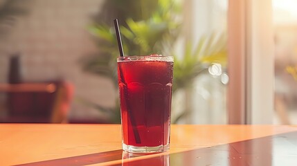 Refreshing red berry mocktail in tall glass with straw on wooden table near window, perfect for beverage menu, restaurant promotion or healthy drink advertising.