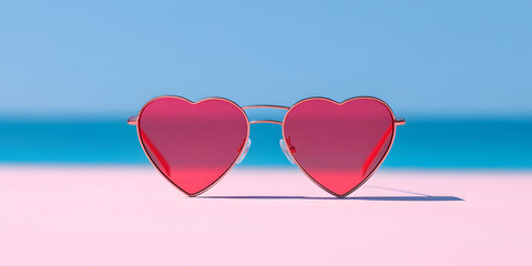 Heart-shaped sunglasses resting on a pink surface against a blurred ocean backdrop. Perfect for summer, love, and fashion themes.