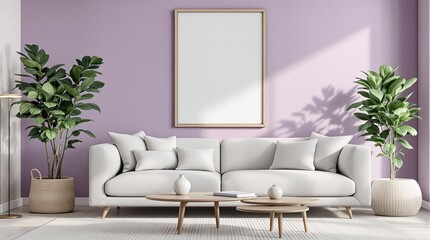 Modern minimalist living room with sofa and plants against a lavender wall
