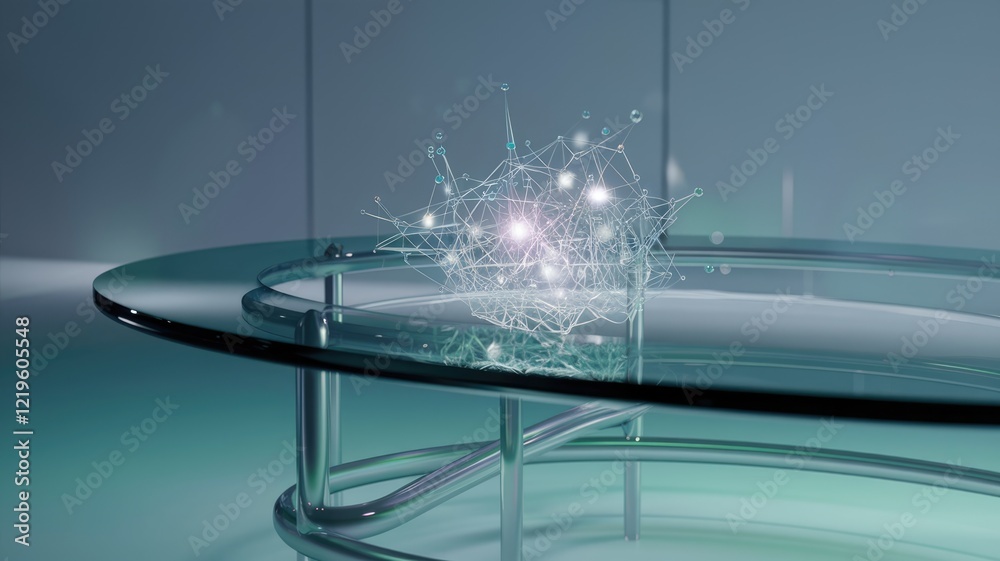 Poster A glowing network of interconnected nodes sits on a sleek glass table, symbolizing digital connectivity and innovation.