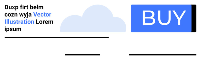 Large blue BUY button, cloud graphic, placeholder text in black and blue font, minimalist layout, horizontal lines, whitespace, and simplistic design. Ideal for e-commerce, web design inspiration
