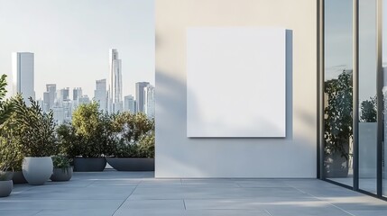  Photo of a blank white poster on the wall in an urban rooftop garden, with large windows overlooking city buildings. Web banner style. White background
