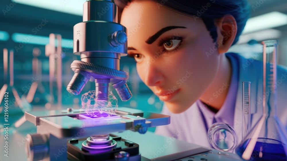 Poster a female scientist intensely examines a complex, glowing structure under a powerful microscope in a 