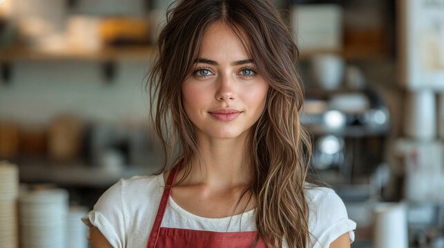Friendly waitress in red apron at coffee shop.