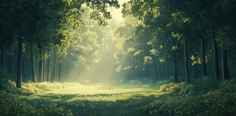 Obraz premium Sunlit Forest Path Meadow Green Trees Sunlight