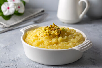 Sweet yellow Turkish dessert cheese halva Hosmerim