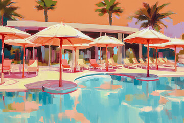 Fototapeta premium contemporary painting of a retro style Palm Springs resort with umbrellas, chairs, pool, and palm trees using muted pastel colors