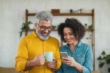 Smiling couple enjoying coffee and using phone. Happy husband and wife at home. Bonding moment. Using tech to connect. Relationship love and tech. Enjoying time together.