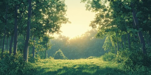 Sunlit Forest Glade Morning Light Green Trees