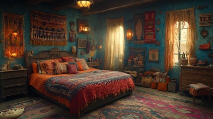 Obraz premium Bohemian bedroom with vibrant textiles, rich colors, and eclectic decor.