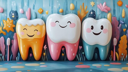 A vibrant artwork for a pediatric dental clinic with cheerful cartoon teeth