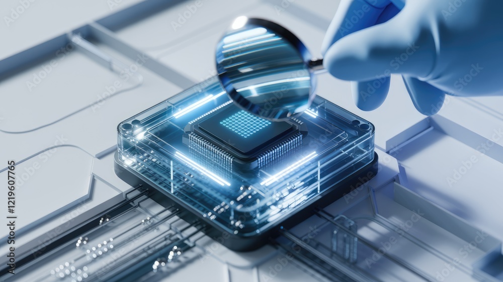 Poster a gloved hand uses a magnifying glass to inspect a transparently encased microchip, highlighting its