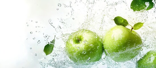 Water splashing on green apples against a white background, banner design