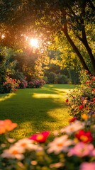 Obraz premium Serene garden at sunset with colorful flowers and warm golden light