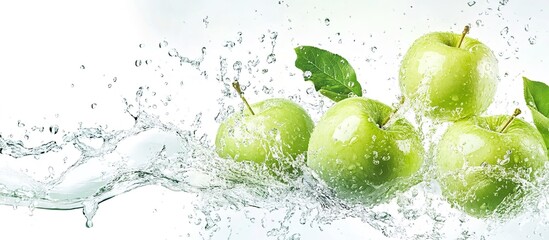 Water splashing on green apples against a white background, banner design