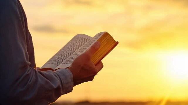 Silhouette of a man holding a bible at sunset facing the sun	
