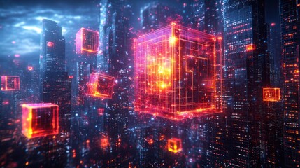 Obraz premium Futuristic city with glowing cubes and data streams.