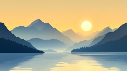 Fototapeta premium Serene sunset over tranquil lake and mountains; peaceful landscape for travel brochures
