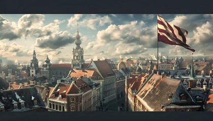 Old town of Gdansk, Poland with Polish flag.