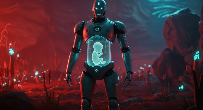 Futuristic robot with human fetus in a sci-fi environment