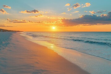 Obraz premium Golden sunset paints beach. Calm waves gently caress shore. White sand gleams under warm sunlight. Peaceful atmosphere for relaxing vacation. Tranquil seascape at golden hour. Idyllic tropical beach.