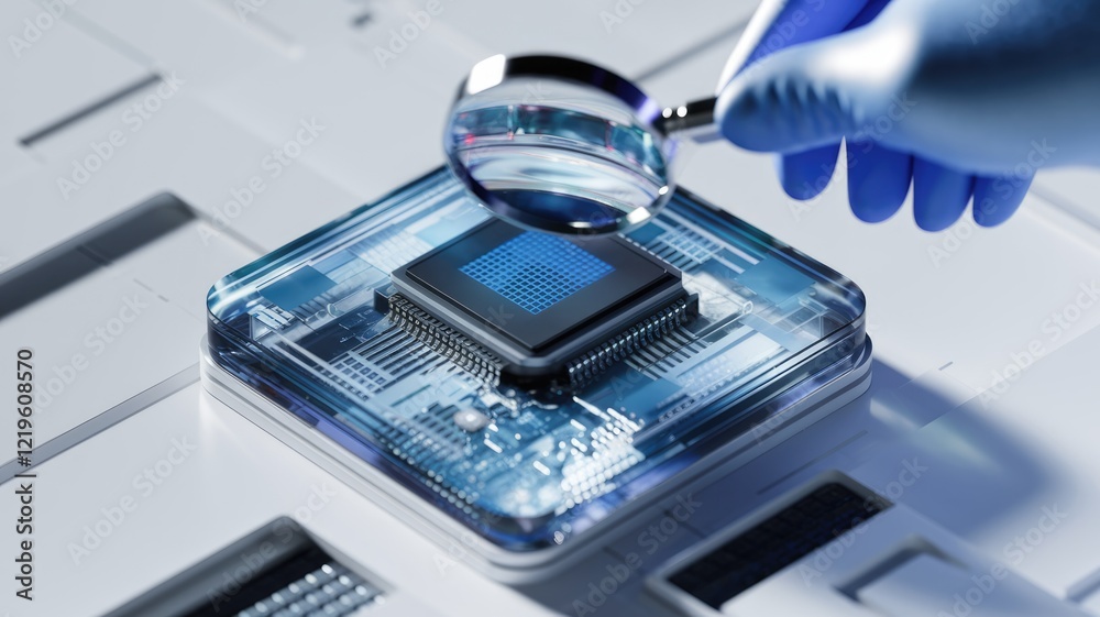 Poster a gloved hand uses a magnifying glass to examine a transparently encased computer microchip.