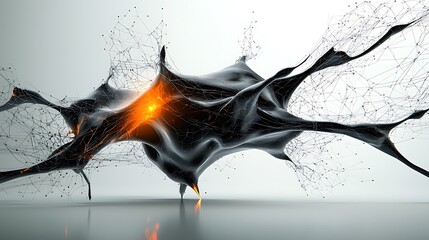 Abstract dark fluid energy, glowing core, network, white background, science concept