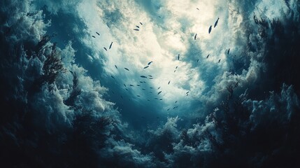 Fototapeta premium Underwater scene with fish school swimming towards light, dark clouds.